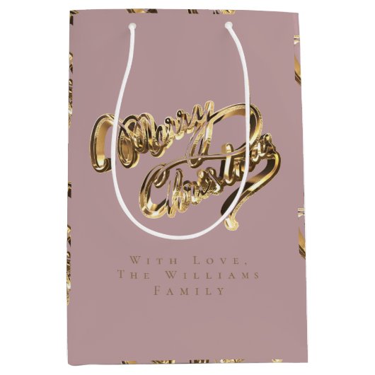 Elegant Roos Gold Look Script Merry Christmas Med Medium Cadeauzakje (Voorkant)