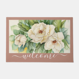 Elegant Roos Gold Magnolia Floral Welcome Script Deurmat