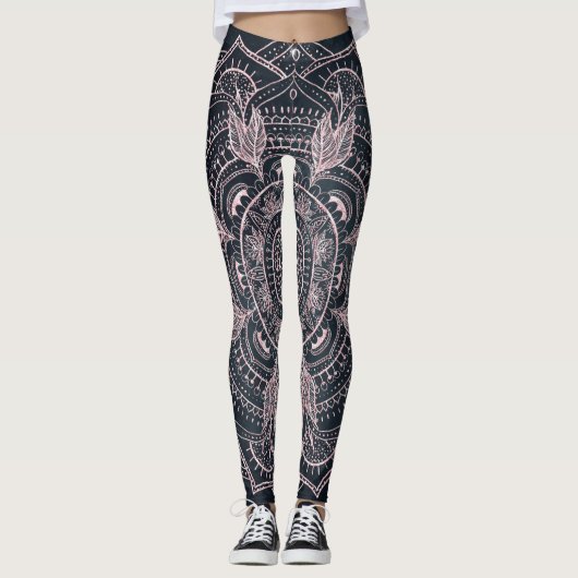 Elegant Roos Gold Mandala Grey Nebula Design Leggings (Voorkant)