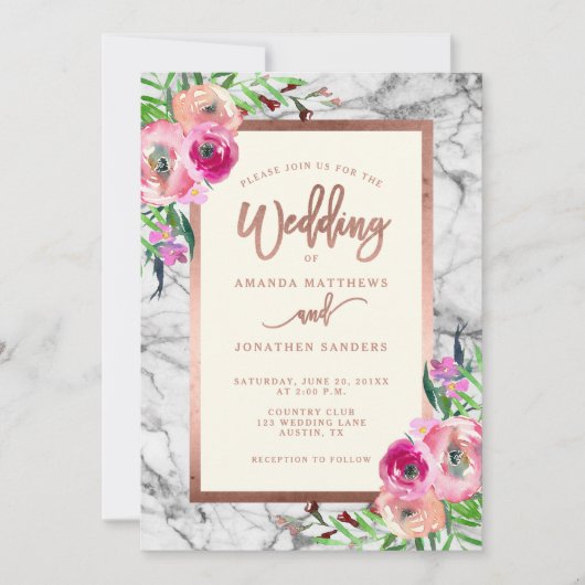 Elegant Roos Gold Marble Floral Wedding Invitation Kaart (Voorkant)