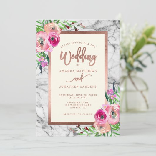 Elegant Roos Gold Marble Floral Wedding Invitation Kaart (Staand voorkant)