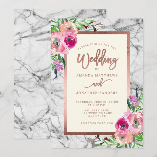 Elegant Roos Gold Marble Floral Wedding Invitation Kaart (Voorkant / Achterkant)