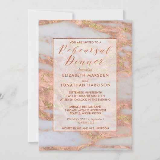 Elegant Roos Gold Marble Glitter Rehearsal Dinner Kaart (Voorkant)