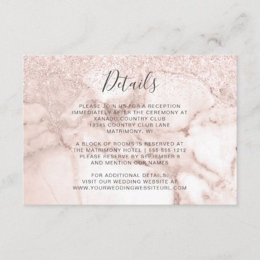 Elegant Roos Gold Marble Glitter Weddenschap Detai Informatiekaartje (Voorkant)