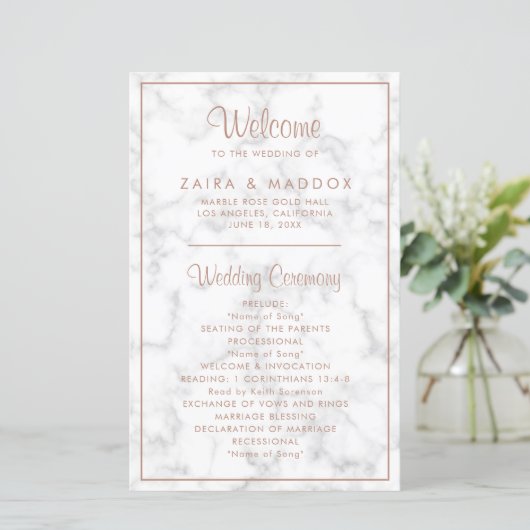 Elegant Roos Gold Marble Modern Wedding Programme (Staand voorkant)