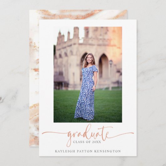 Elegant Roos Gold Marble Script Afstuderen Foto Aankondiging (Voorkant / Achterkant)