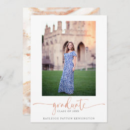 Elegant Roos Gold Marble Script Afstuderen Foto Aankondiging