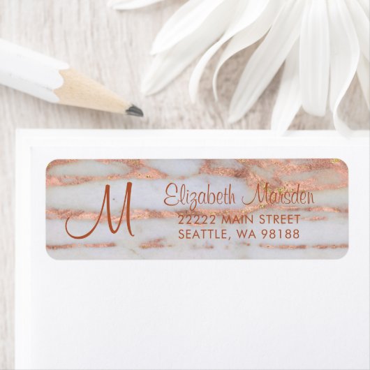Elegant Roos Gold Marble Script Retouradres Etiket (Insitu)