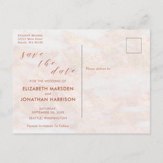 Elegant Roos Gold Marble Script Save the Date Aankondigingskaart (Achterkant)