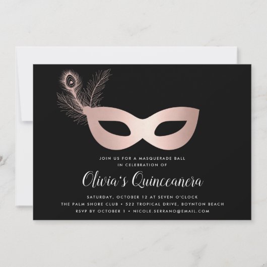 Elegant Roos Gold Masquerade Theme Quinceanera Kaart (Voorkant)