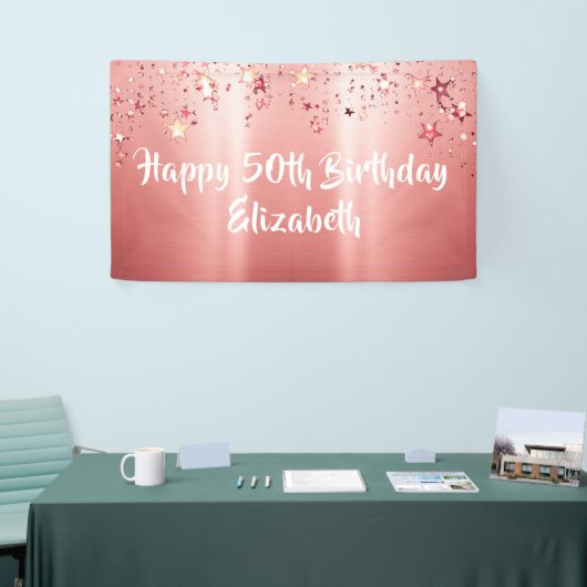 Elegant Roos Gold Metallic Shimmer Stars Birthday Spandoek (Beurs)