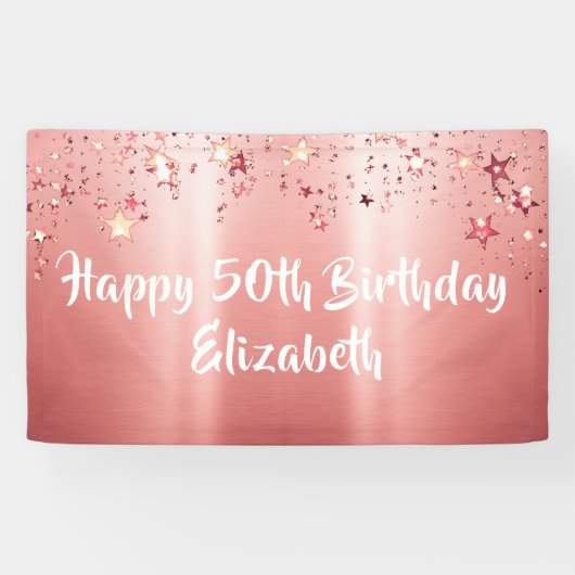 Elegant Roos Gold Metallic Shimmer Stars Birthday Spandoek (Horizontaal)