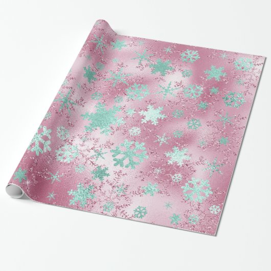 Elegant Roos Gold Mint-kerstsnowflake-patroon Cadeaupapier (Uitgerold)
