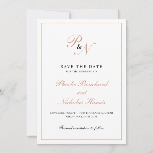 Elegant Roos Gold Monogram Formele bruiloft Save The Date (Voorkant)