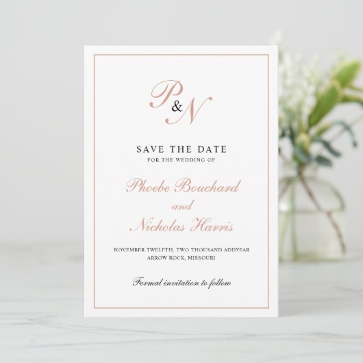 Elegant Roos Gold Monogram Formele bruiloft Save The Date (Staand voorkant)