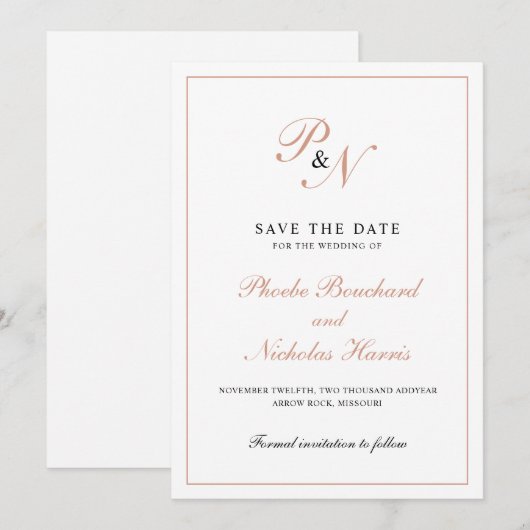 Elegant Roos Gold Monogram Formele bruiloft Save The Date (Voorkant / Achterkant)