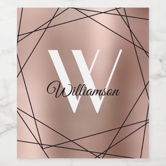 Elegant Roos Gold Monogram Geometric Name Script Wijn Etiket (Enkel label)