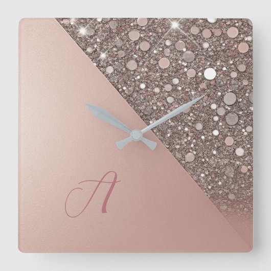 Elegant Roos Gold Monogram Vierkante Klok (Voorkant)