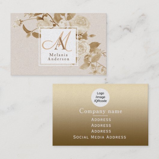 Elegant Roos Gold Monogram Visitekaartje (Voorkant / Achterkant)