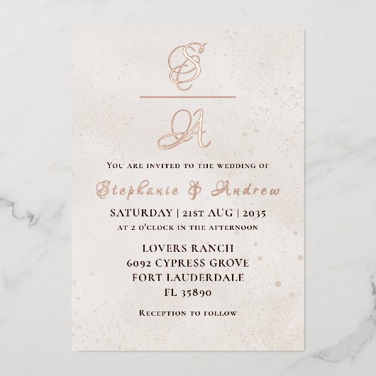 Elegant Roos Gold Monogram Weddenschap Folie Uitno Folie Uitnodiging (Voorkant)