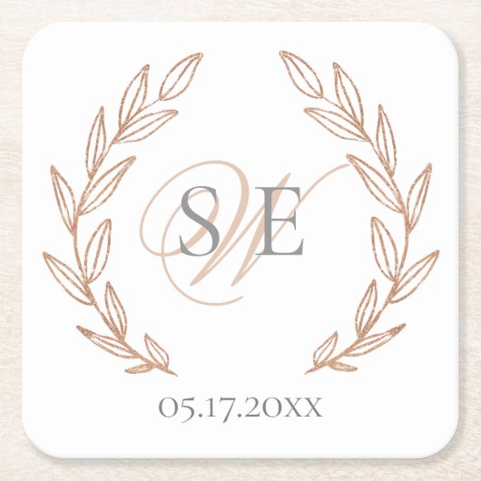 Elegant Roos Gold Monogram Weddenschap Kartonnen Onderzetters (Voorkant)