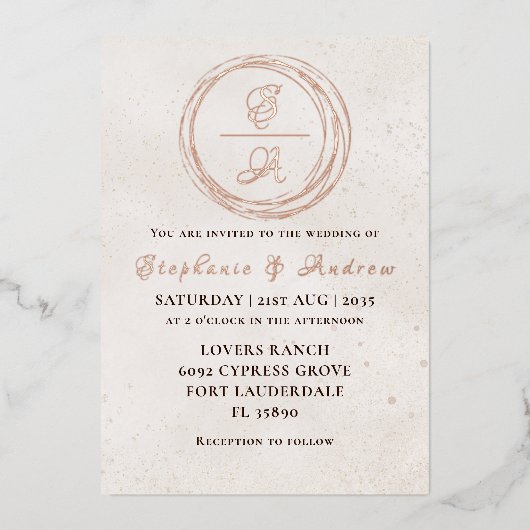 Elegant Roos Gold Monogram Wedding Folie Uitnodigi Uitnodiging (Voorkant)