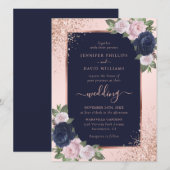 Elegant Roos Gold Navy Blue Blush Bloemen Huwelijk Kaart (Voorkant / Achterkant)
