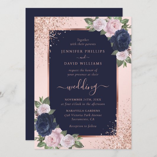 Elegant Roos Gold Navy Blue Blush Bloemen Huwelijk Kaart (Voorkant / Achterkant)