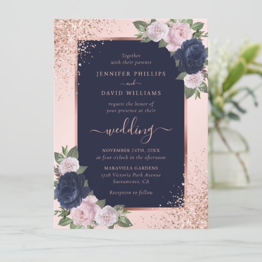 Elegant Roos Gold Navy Blue Blush Bloemen Huwelijk Kaart (Staand voorkant)