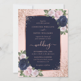Elegant Roos Gold Navy Blue Blush Bloemen Huwelijk Kaart