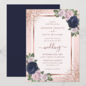 Elegant Roos Gold Navy Blue Blush Bloemen Huwelijk Kaart (Voorkant / Achterkant)