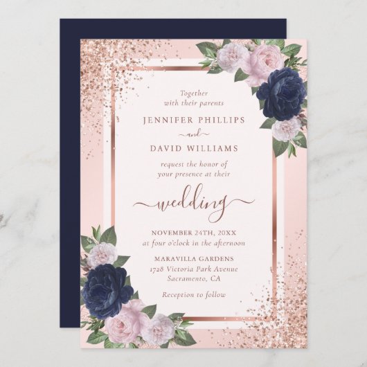 Elegant Roos Gold Navy Blue Blush Bloemen Huwelijk Kaart (Voorkant / Achterkant)