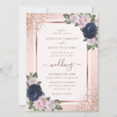 Elegant Roos Gold Navy Blue Blush Bloemen Huwelijk Kaart (Voorkant)