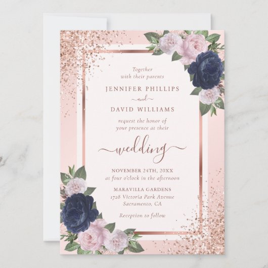 Elegant Roos Gold Navy Blue Blush Bloemen Huwelijk Kaart (Voorkant)