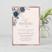 Elegant Roos Gold Navy Blue Blush Pink Floral Kaart (Staand voorkant)