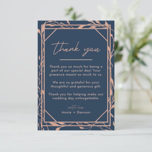 Elegant Roos Gold & Navy Blue Floral Wedding Bedankkaart (Staand voorkant)