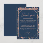Elegant Roos Gold & Navy Blue Floral Wedding Bedankkaart (Voorkant / Achterkant)