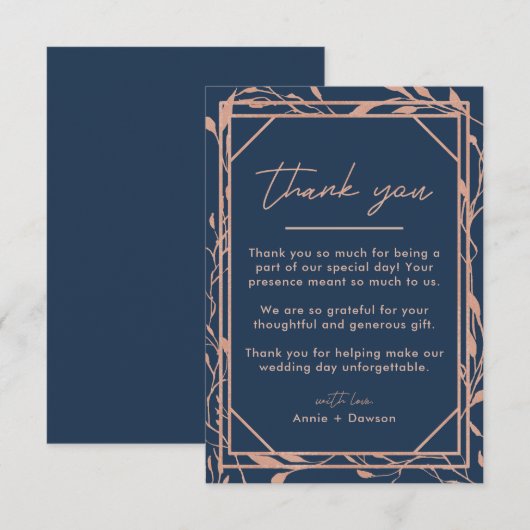 Elegant Roos Gold & Navy Blue Floral Wedding Bedankkaart (Voorkant / Achterkant)