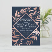 Elegant Roos Gold Navy Blue Floral Wedding Kaart (Staand voorkant)