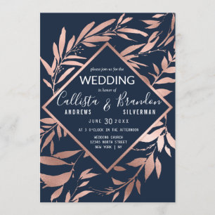 Elegant Roos Gold Navy Blue Floral Wedding Kaart