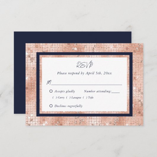 Elegant Roos Gold Navy Blue Script Weddenschap RSVP Kaartje (Voorkant / Achterkant)