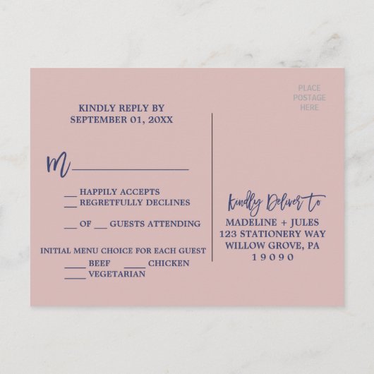 Elegant Roos Gold & Navy Menu Keuze RSVP-Briefkaar (Achterkant)