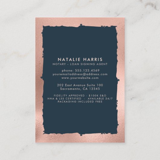 Elegant Roos Gold & Navy Notional Loan Agent Visitekaartje (Achterkant)