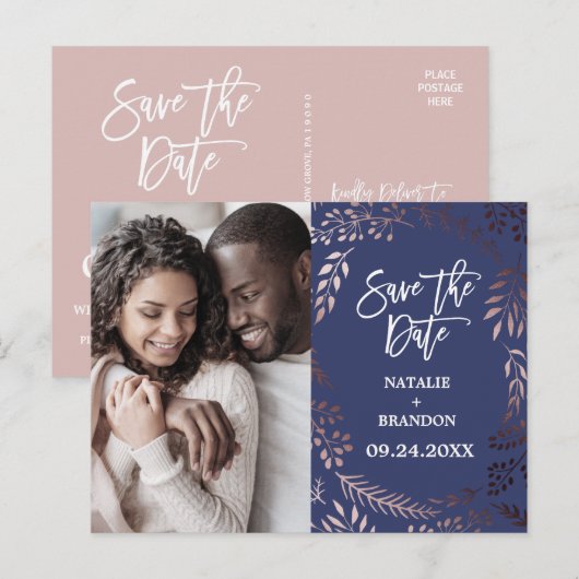 Elegant Roos Gold | Navy Photo Save the Date Aankondigingskaart (Voorkant / Achterkant)