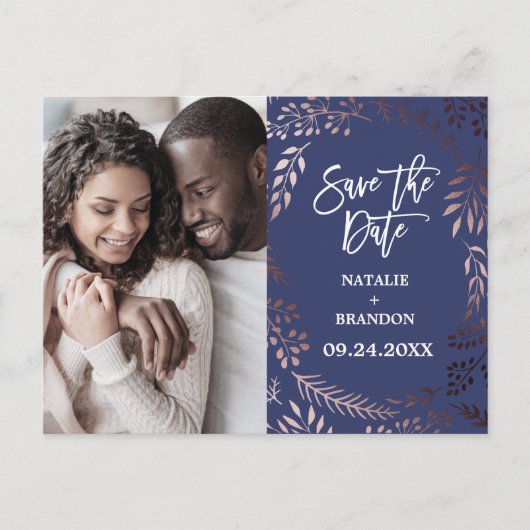 Elegant Roos Gold | Navy Photo Save the Date Aankondigingskaart (Voorkant)
