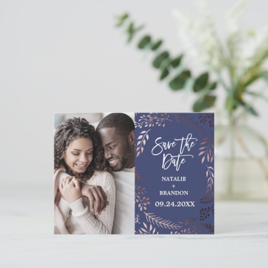 Elegant Roos Gold | Navy Photo Save the Date Aankondigingskaart (Staand voorkant)