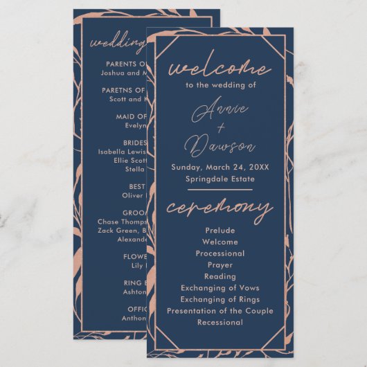 Elegant Roos Gold & Navy Wedding Program (Voorkant / Achterkant)