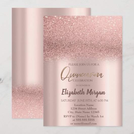 Elegant Roos Gold Ombre Quinceañera Uitnodiging (Voorkant / Achterkant)