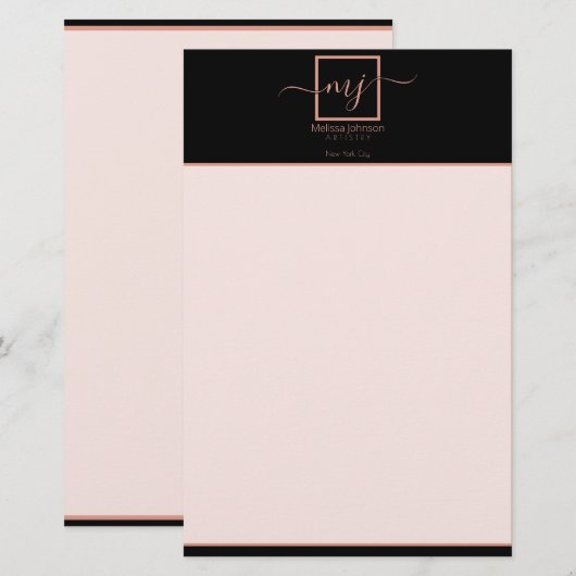 Elegant Roos Gold op Black Stationery Briefpapier (Voorkant / Achterkant)