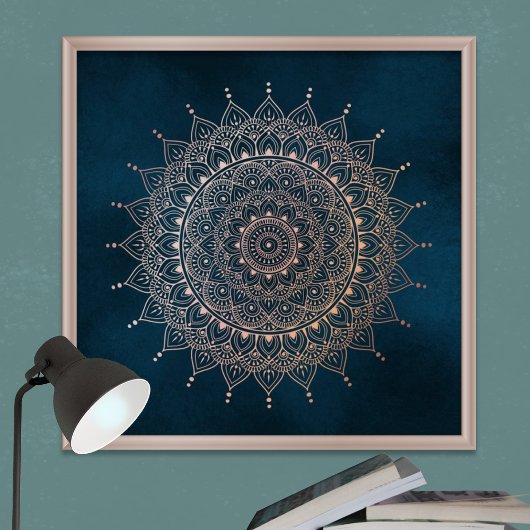 Elegant Roos Gold op Blauwgroen Floral Henna Manda Poster